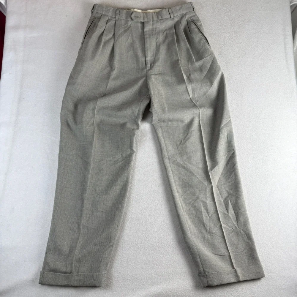 Slates Mens Pleated Dress Pants Gray Wool Blend Cuffed Trousers 36x34